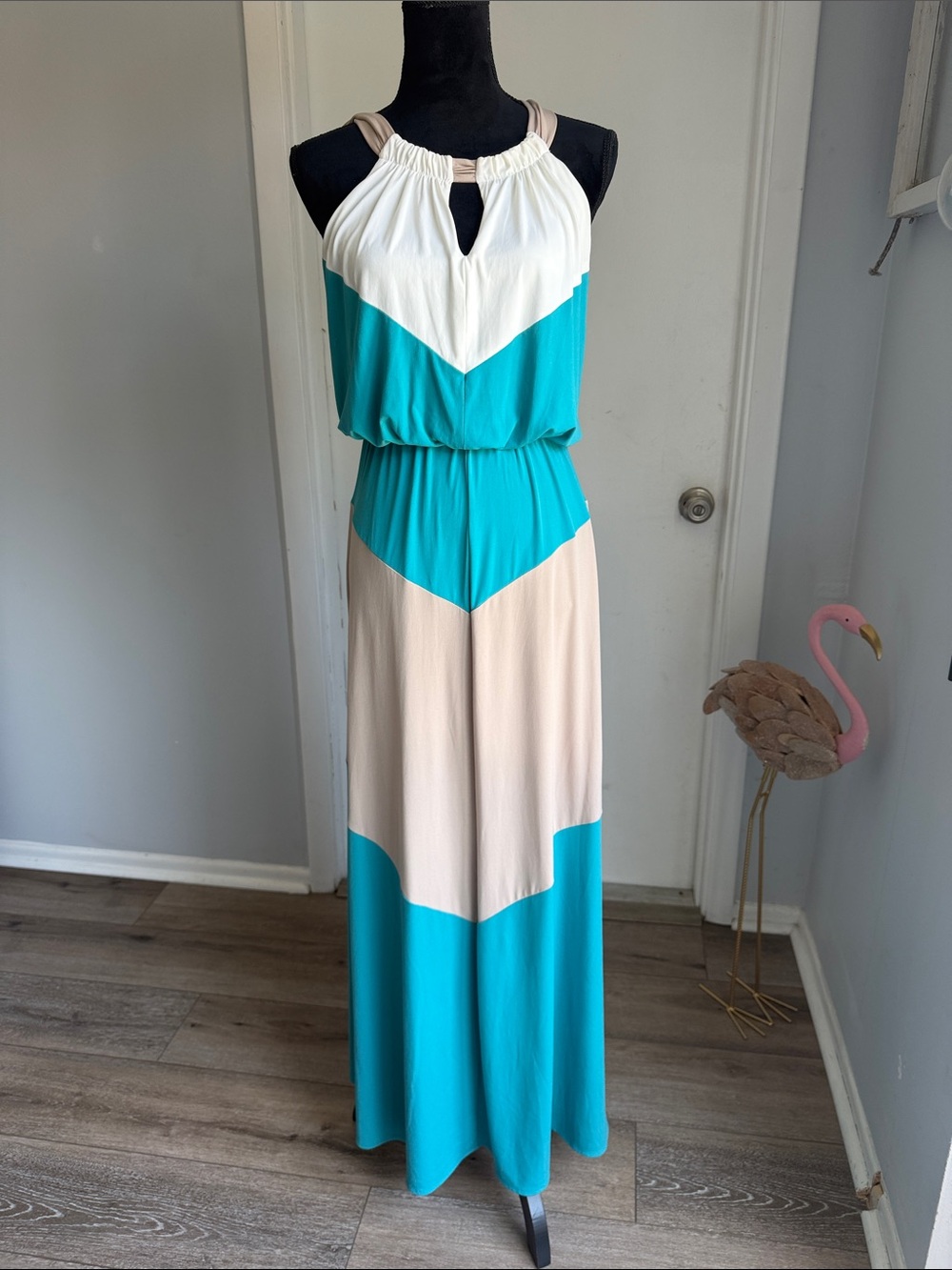 Maggy London Sleeveless Chevron Maxi Dress - Turquoise, White & Beige